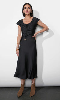 inez neck drawstring satin midi dress