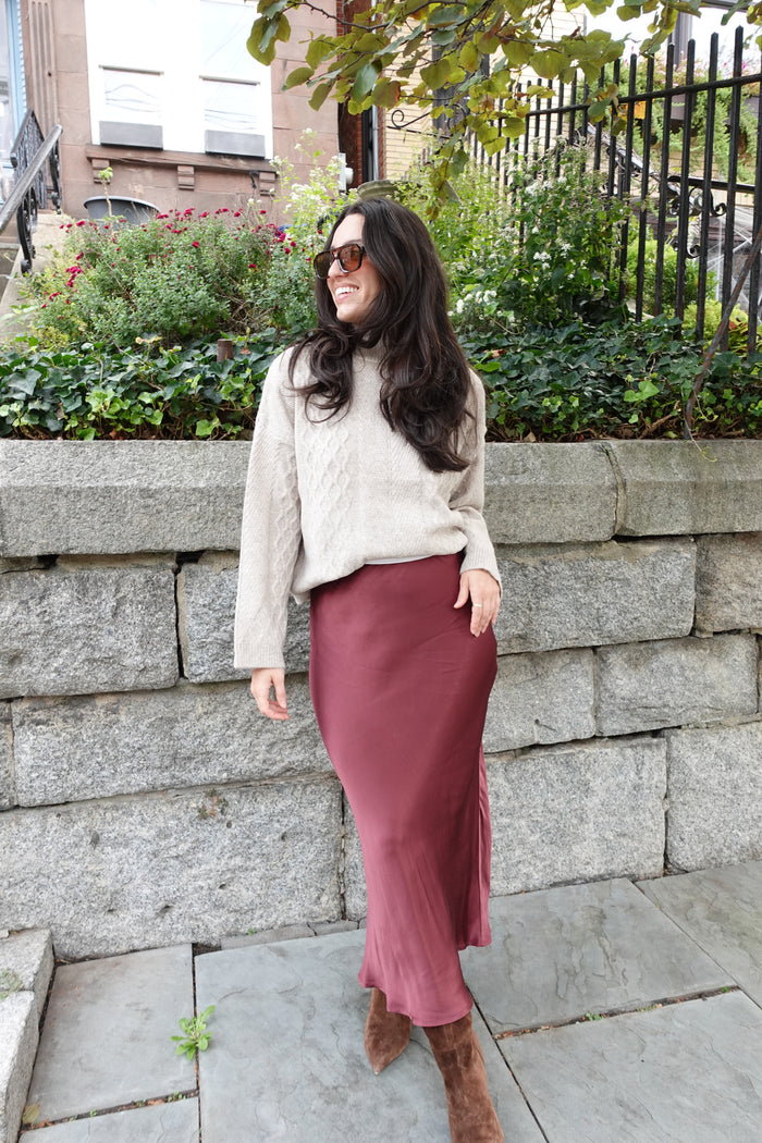 satin midi skirt maroon