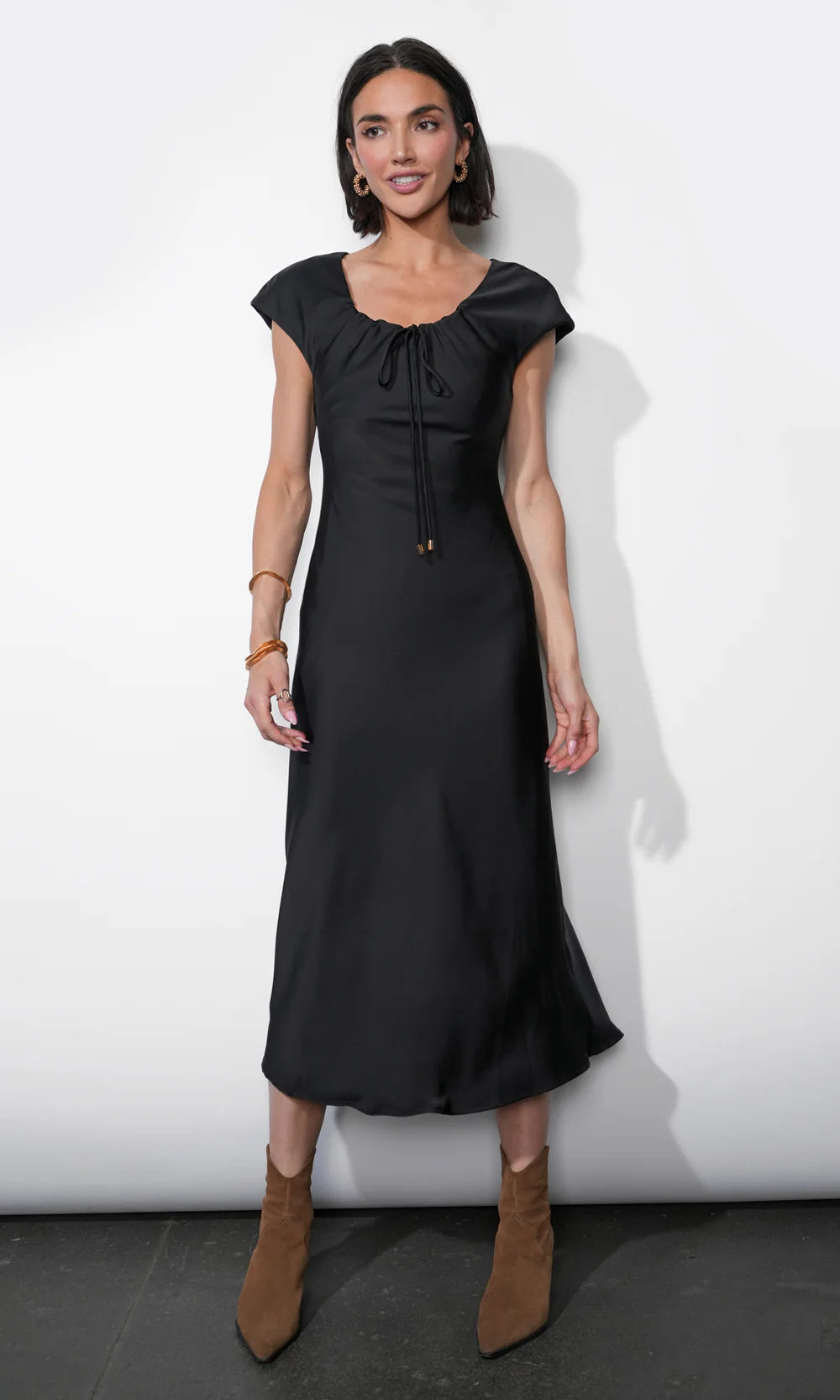 inez neck drawstring satin midi dress