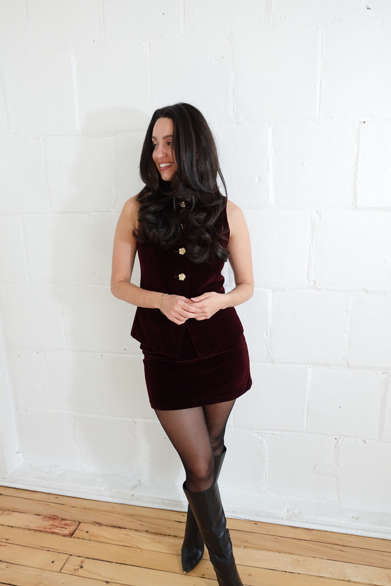 velvet front button vest and skirt set