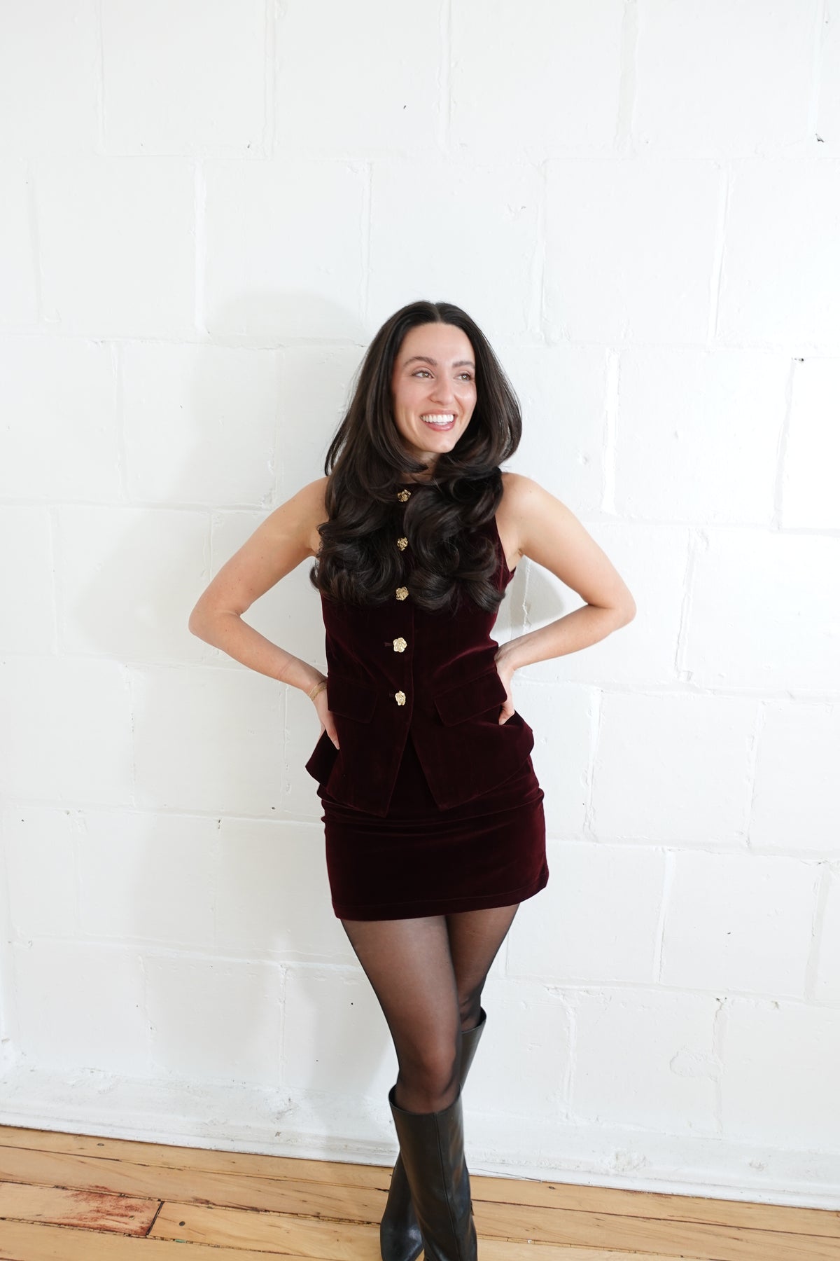 velvet front button vest and skirt set