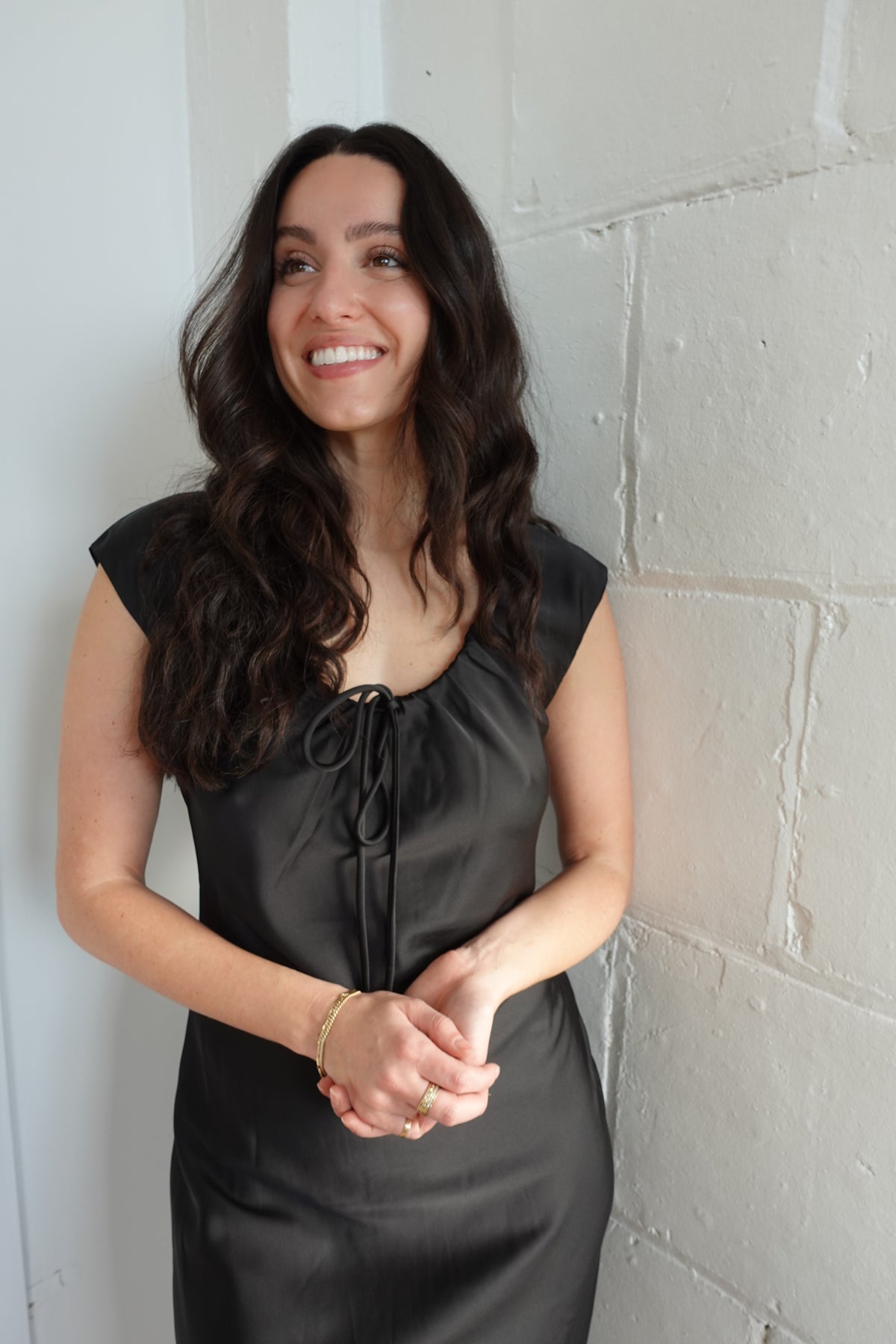 inez neck drawstring satin midi dress