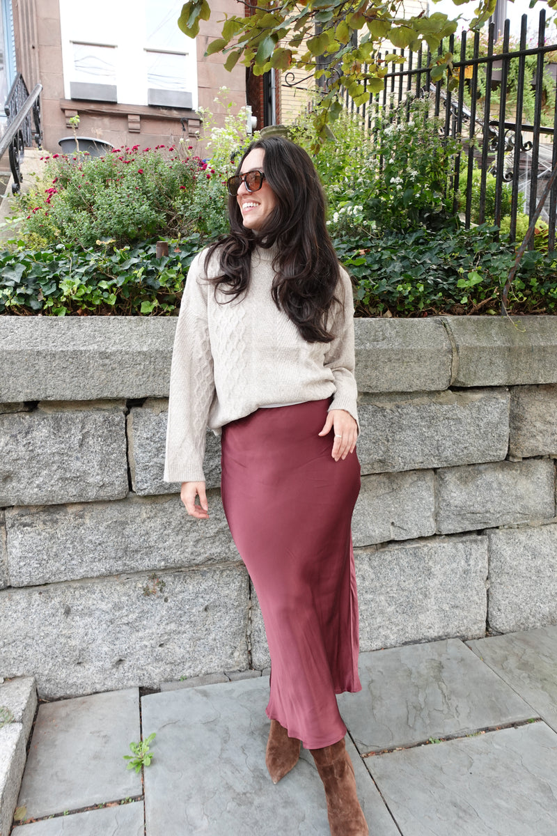 satin midi skirt maroon