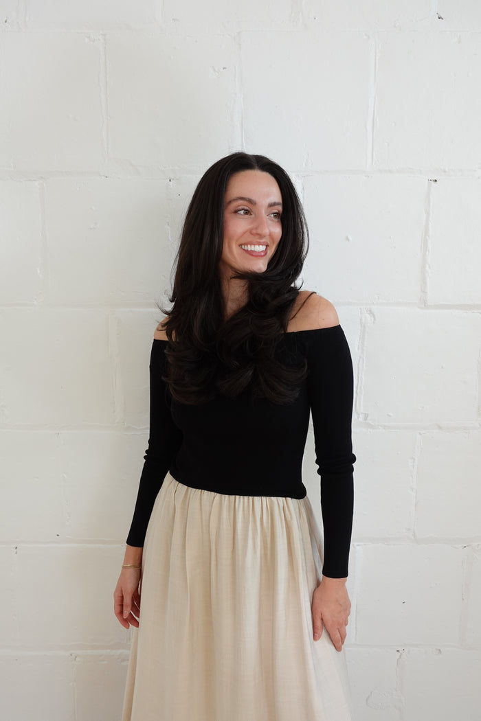 off-shoulder bicolor scallop midi dress