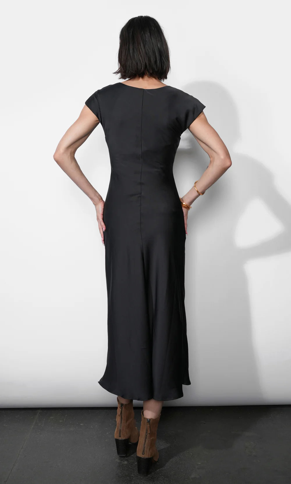 inez neck drawstring satin midi dress