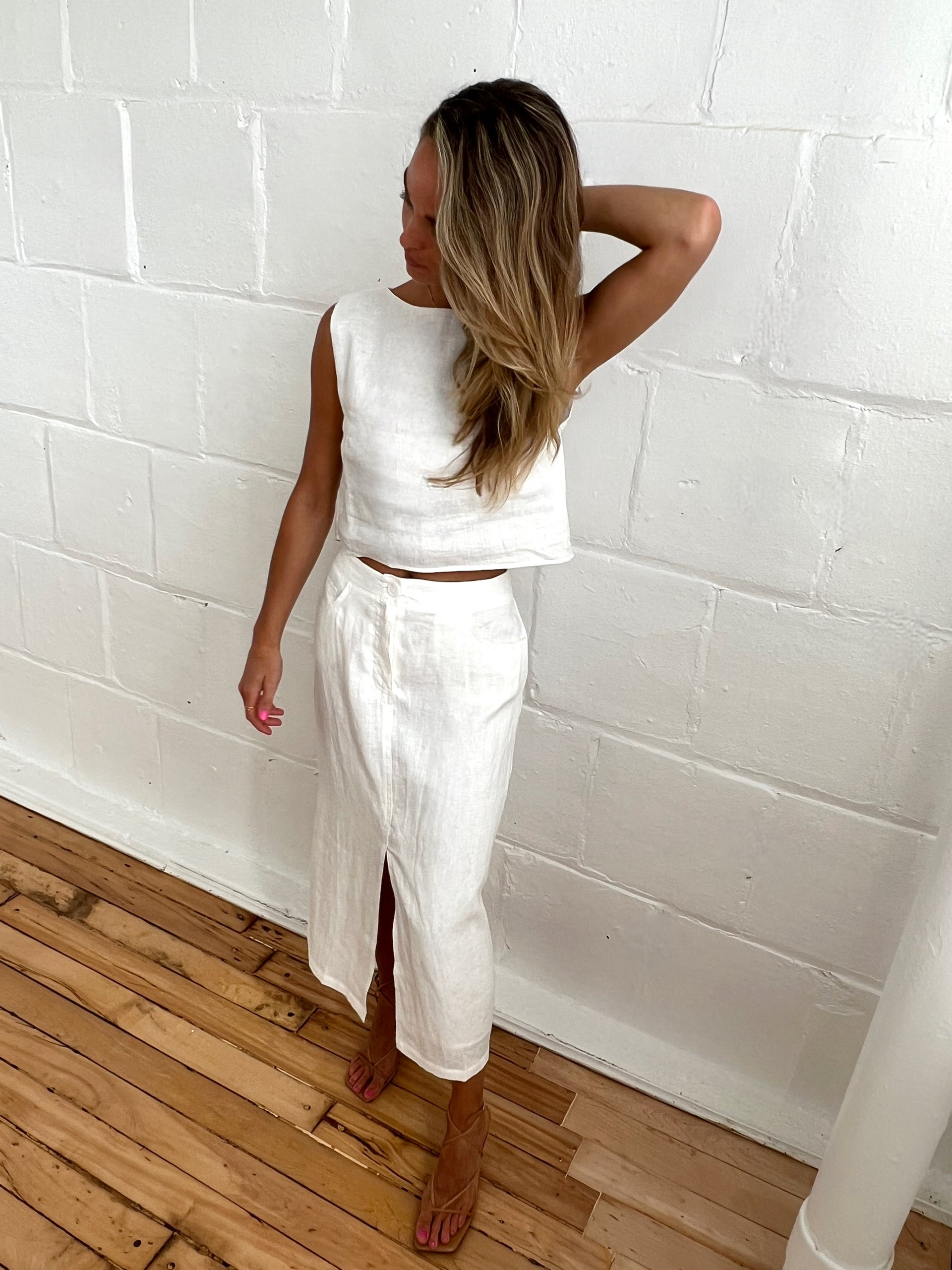 White linen skirt outlet midi