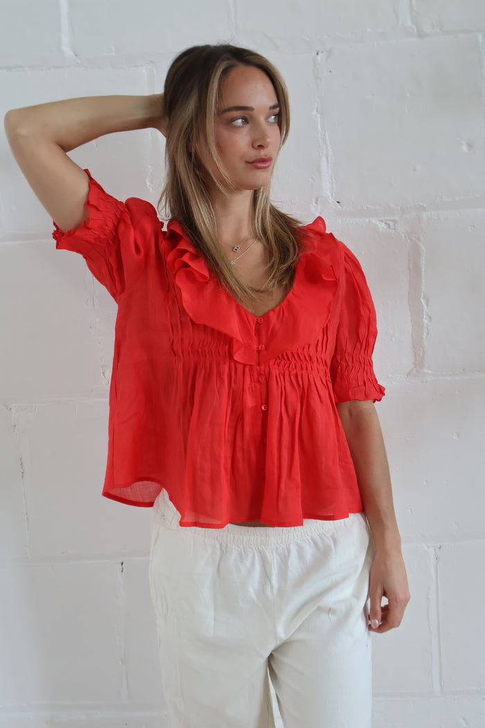 ruffle blouse red