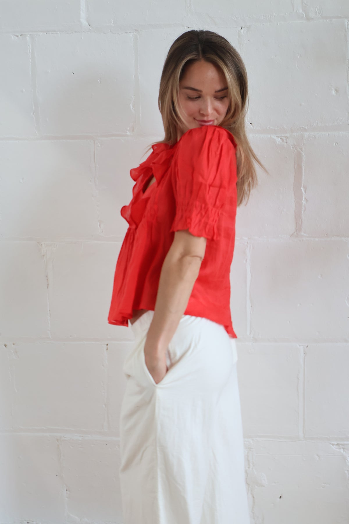 ruffle blouse red