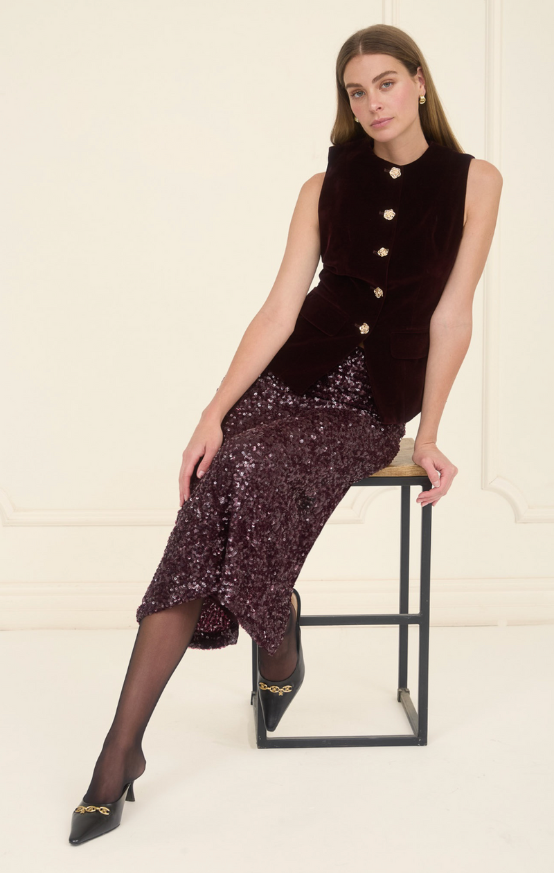 velvet front button vest and skirt set